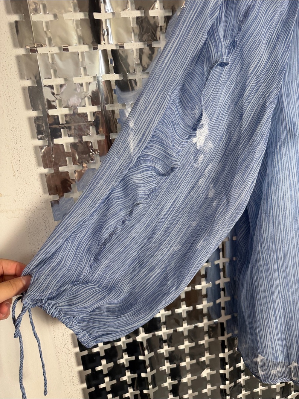 LOFT Light Blue Striped Ruffle-Front Blouse - Picture 5 of 6